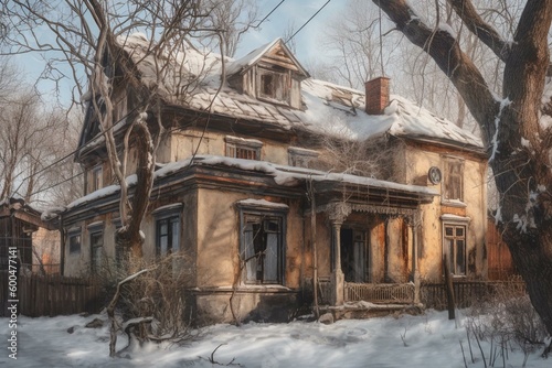 Winter oil painting of old house with barren trees. Generative AI