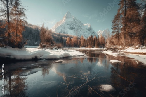Stunning winter mountain scenery featuring a frozen lake, majestic snowy peaks, and a beautiful sky. Generative AI