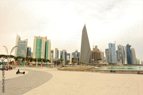 Doha, Qatar. 04.27.2023. View of the towers from the corniche. Arabian Gulf, Middle East. © Dr.MYM