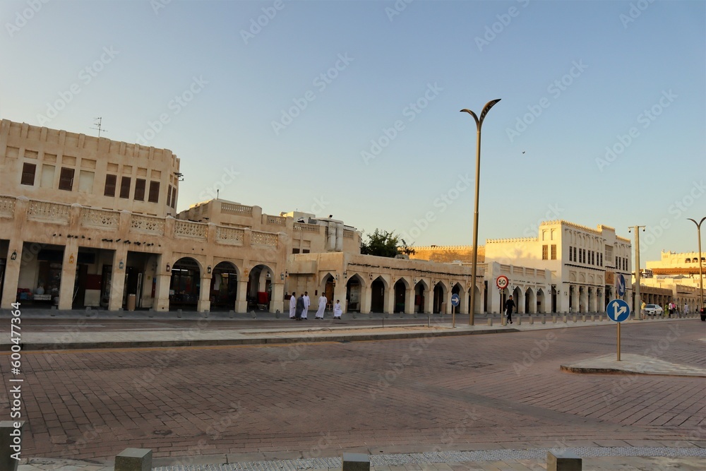 Souq Waqif, Doha, Qatar, 4.27.2023, Traditional Arabian building built of wood and mud decorated with a facade in the traditional Arabic style. Arabian Gulf, Middle East.