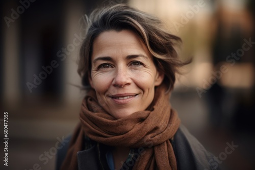 Portrait of a smiling middle-aged woman with brown scarf in the city