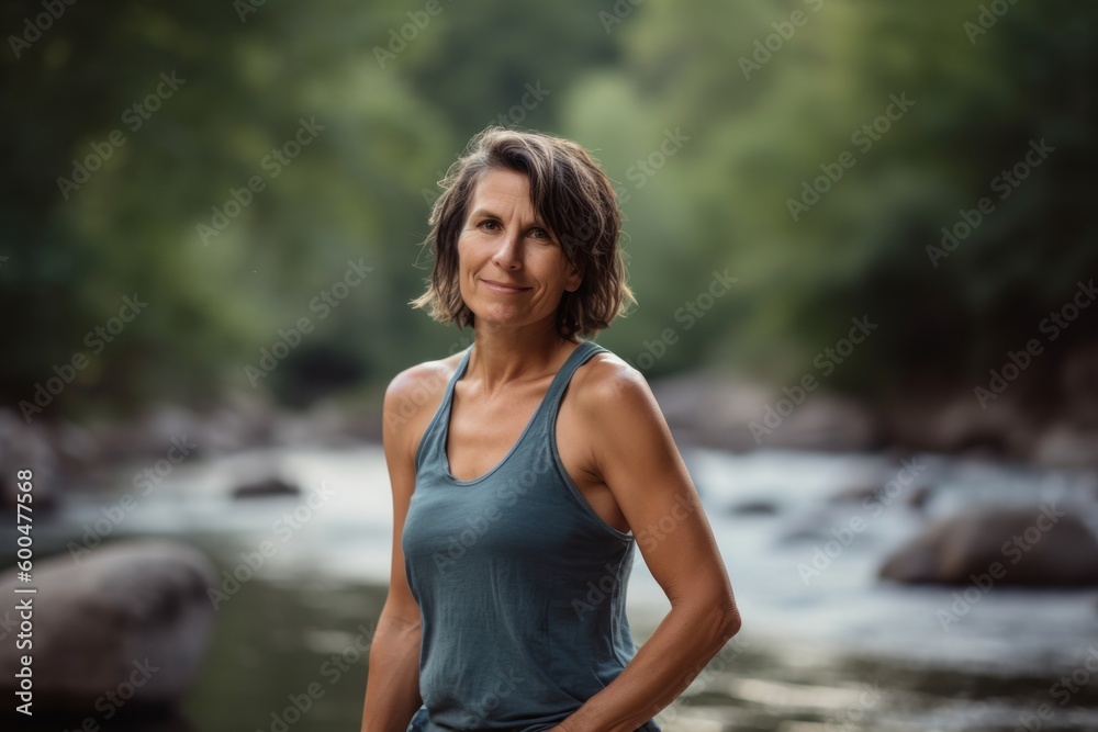 Portrait of a beautiful middle aged woman standing in front of a river Portrait of a beautiful middle aged woman standing in front of a river