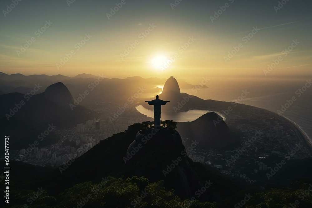 Christ Redeemer silhouette against Brazilian landscape. Generative AI