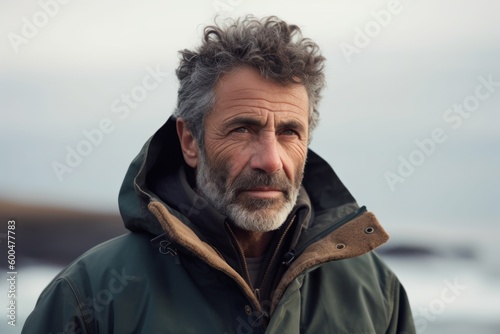 Portrait of a senior man with grey hair in a raincoat looking at the camera outdoors