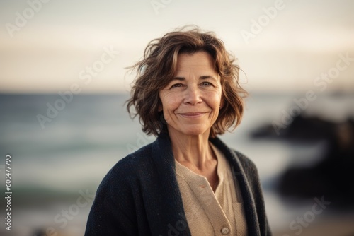 Portrait of happy senior woman standing on beach with ocean in background