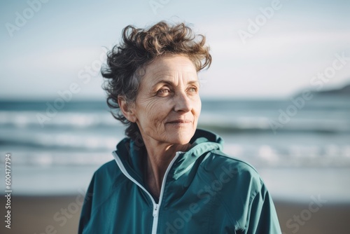 Portrait of smiling senior woman standing on beach at cold winter day
