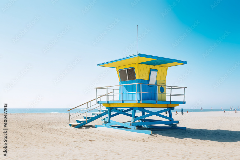 Fototapeta premium Colorful blue and yellow lifeguard station on beach with palm trees and blue sky, copy space. Generative AI