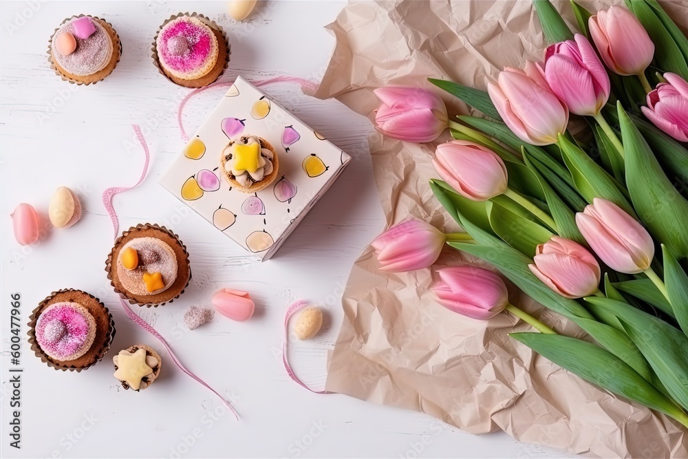 Gift box and bouquet of pink tulips on table with white background. Happy valentines day, mothers day, international womens day concept. Generative AI Gift box and bouquet of pink tulips on table with white background. Happy valentines day, mothers day, international womens day concept. Generative AI