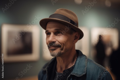 Portrait of a mature man in a hat in an art gallery