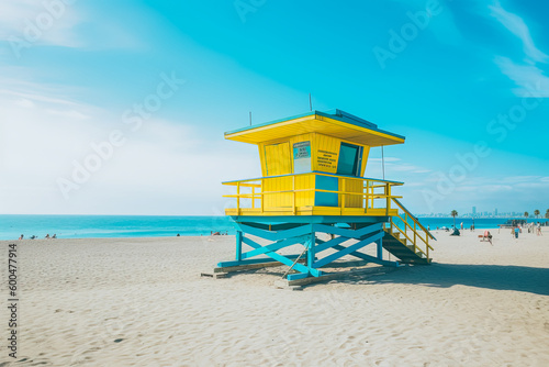 Colorful blue and yellow lifeguard station on beach with palm trees and blue sky, copy space. Generative AI