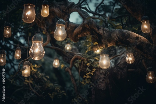 Illuminated lamps suspended from a tree in nighttime. Generative AI