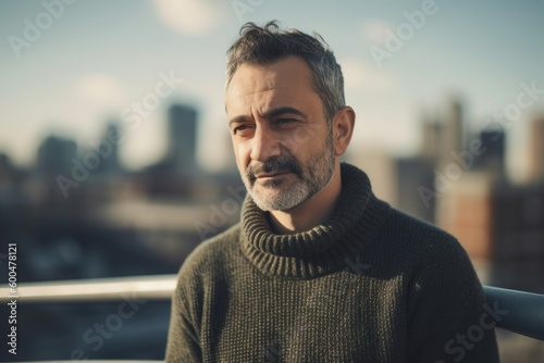 Handsome middle-aged man in a green sweater on the roof of a skyscraper