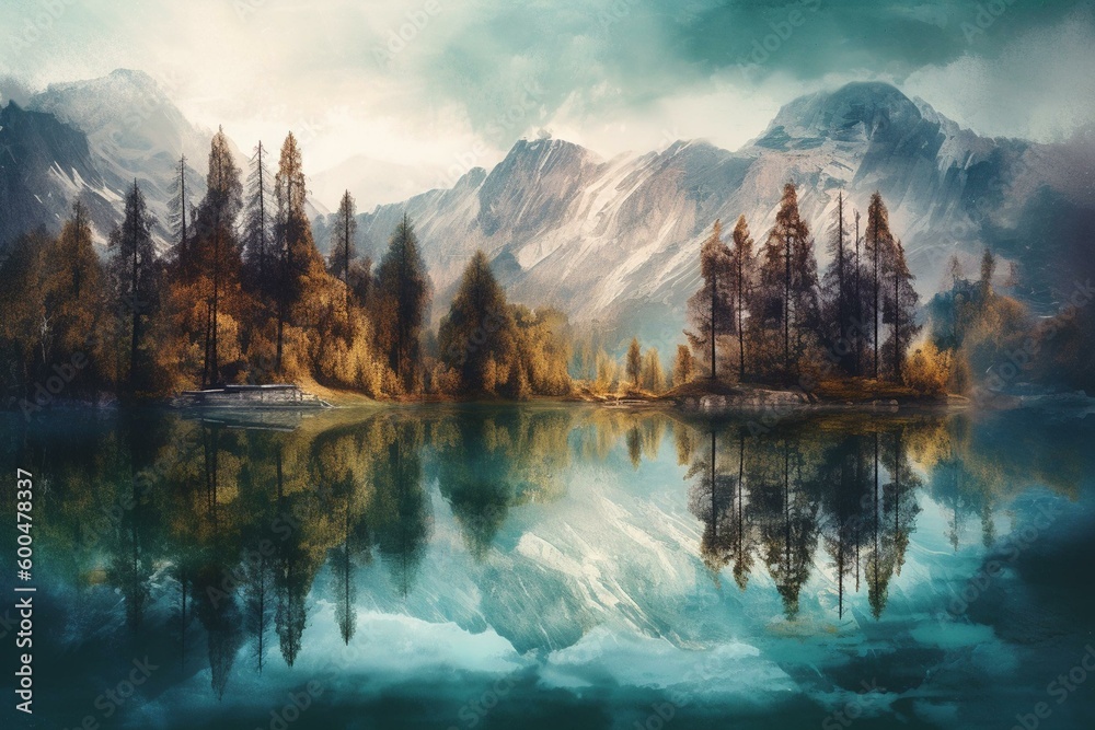 Watercolor painting of lake and mountain landscape with forest reflection in the water. Generative AI