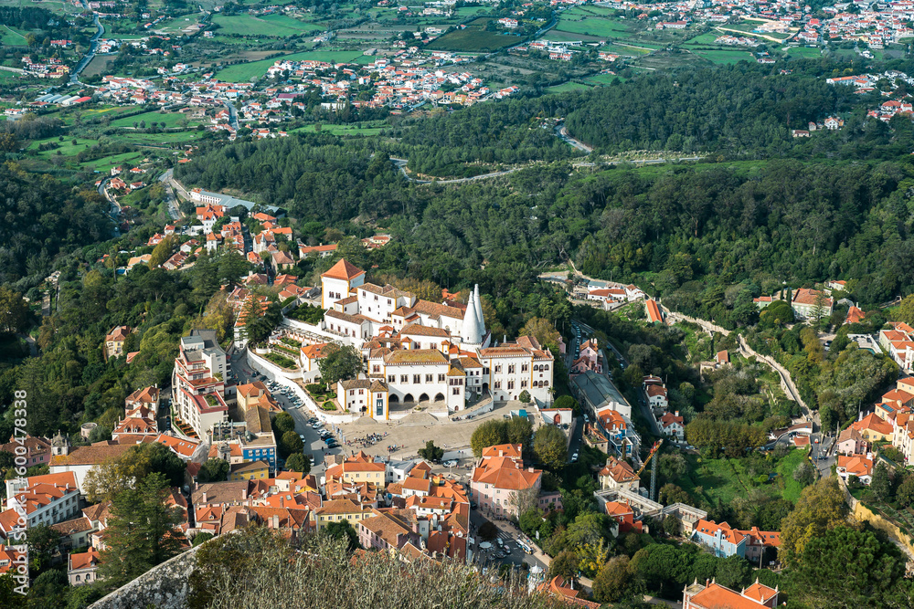 Aerial view of Sintra National Palace in Portugal. Landscape with trees and buildings