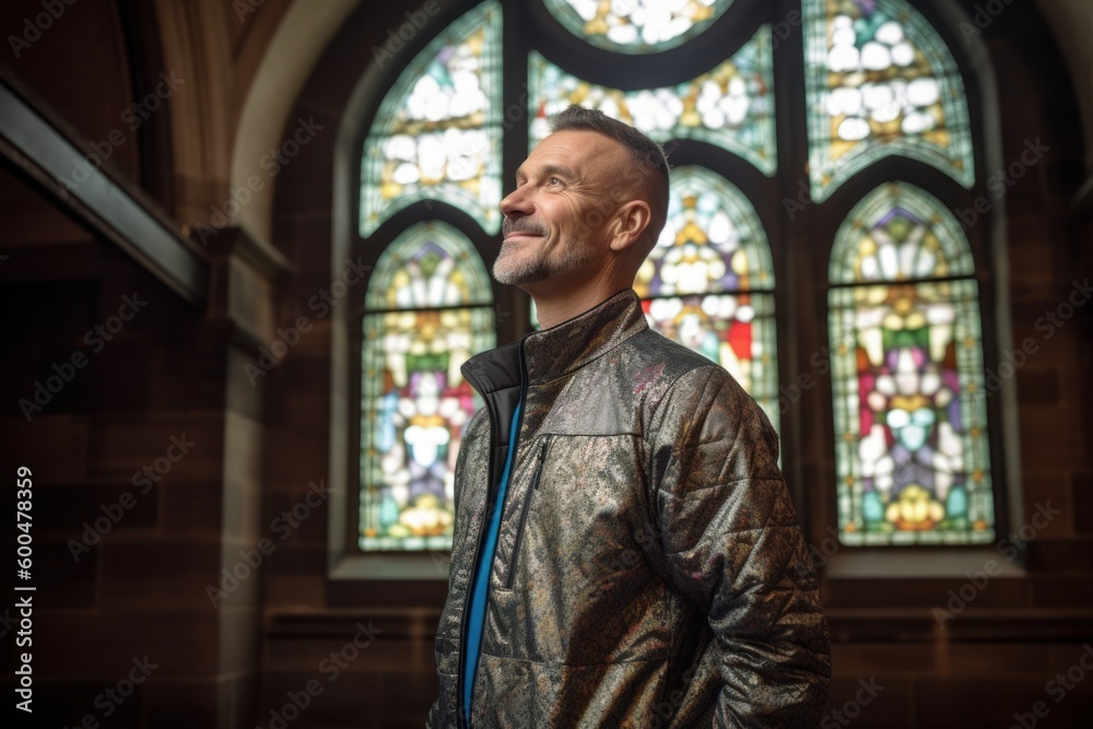 Side view of a handsome man standing in front of a church window