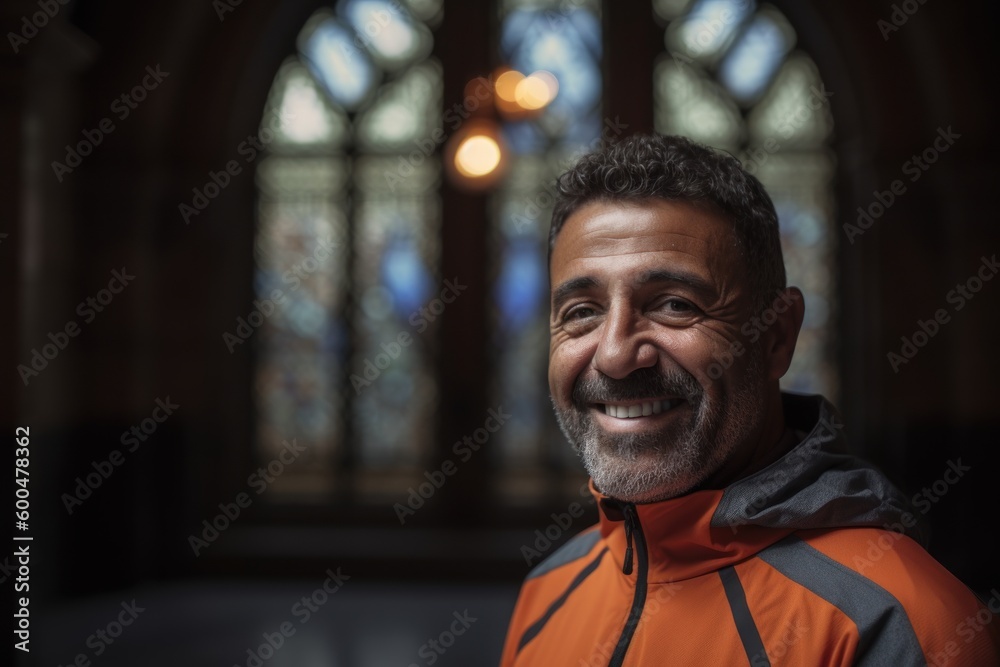 Portrait of a smiling mature man in orange jacket standing in a church.