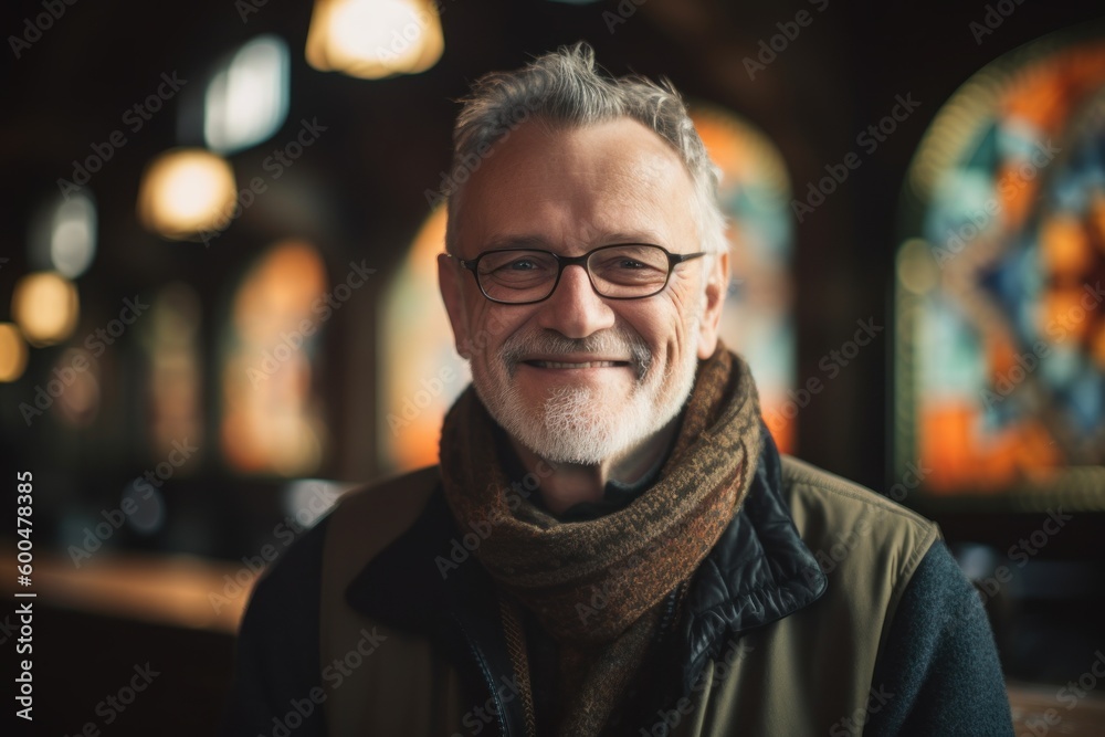 Portrait of smiling senior man with eyeglasses in a pub Portrait of smiling senior man with eyeglasses in a pub