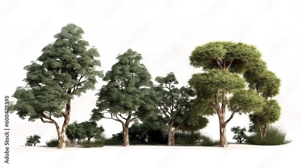 Fototapeta premium illustration of trees on transparent background, for illustration, digital composition, and architecture visualization. generative ai
