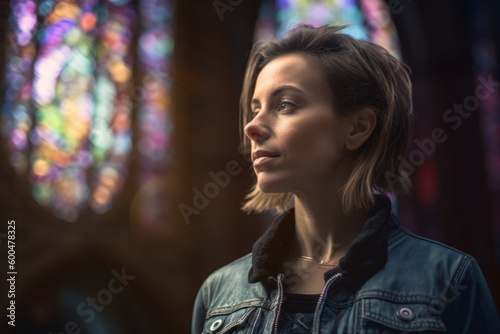 Portrait of a beautiful young woman in front of a stained glass window