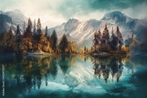 Watercolor painting of lake and mountain landscape with forest reflection in the water. Generative AI