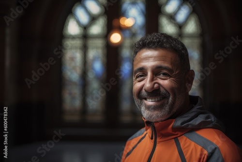 Portrait of a smiling mature man in orange jacket standing in a church.