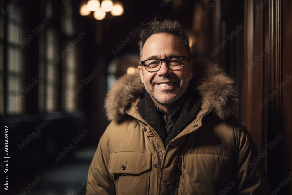 Obraz premium Portrait of a middle-aged man in a warm jacket and glasses smiling