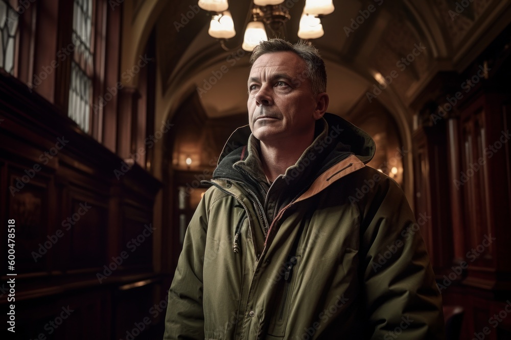 Portrait of a middle-aged man in a green jacket in the interior of an old building Portrait of a middle-aged man in a green jacket in the interior of an old building