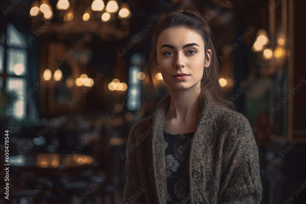 Portrait of a beautiful young woman in a cafe. Girl in a brown coat. Portrait of a beautiful young woman in a cafe. Girl in a brown coat.