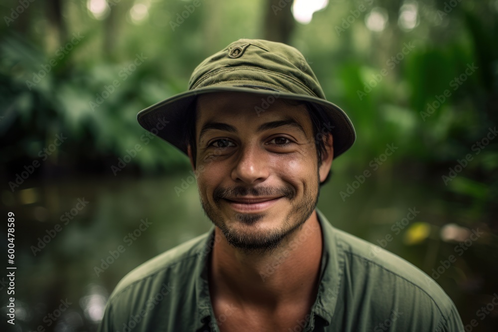 Portrait of handsome young man wearing hat and green shirt in the jungle