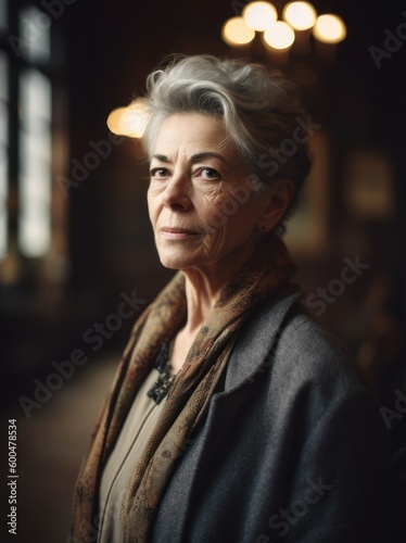Portrait of a beautiful senior woman with grey hair in a pub