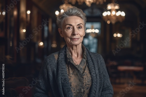 Portrait of a beautiful senior woman with grey hair in a cafe