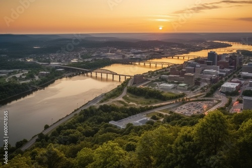 Downtown Chattanooga, TN viewed from Lookout Mtn at sunrise. Generative AI photo