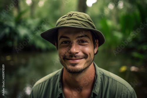 Portrait of handsome young man wearing hat and green shirt in the jungle