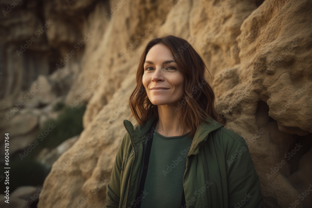 Portrait of a young woman in a green jacket on the background of rocks Portrait of a young woman in a green jacket on the background of rocks