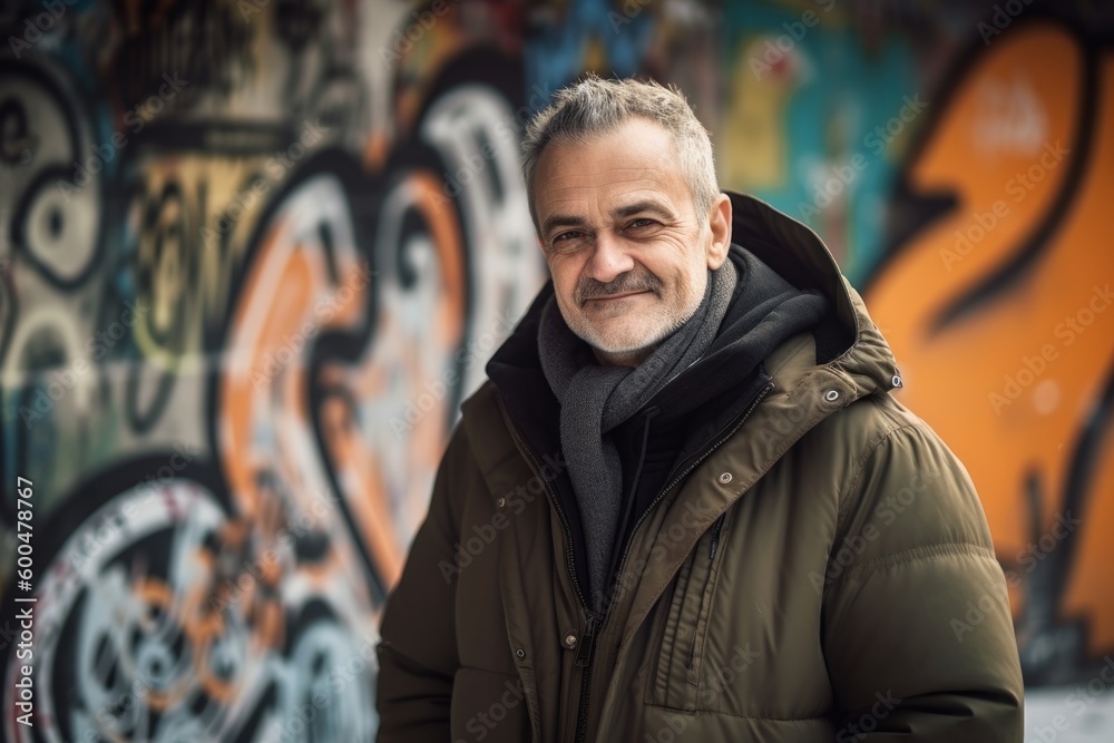 Portrait of a smiling middle-aged man in a coat on a background of graffiti