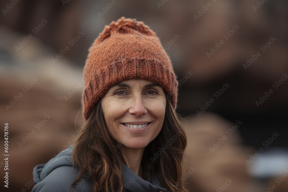 Portrait of a smiling woman in a knitted hat looking at the camera Portrait of a smiling woman in a knitted hat looking at the camera