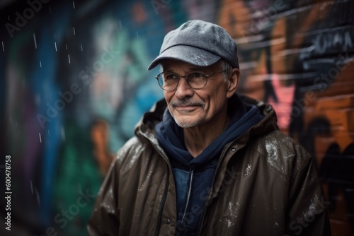 Portrait of an old man with a cap and glasses in front of a graffiti wall