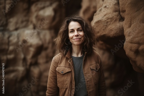 Portrait of a young woman in a jacket on a background of rocks