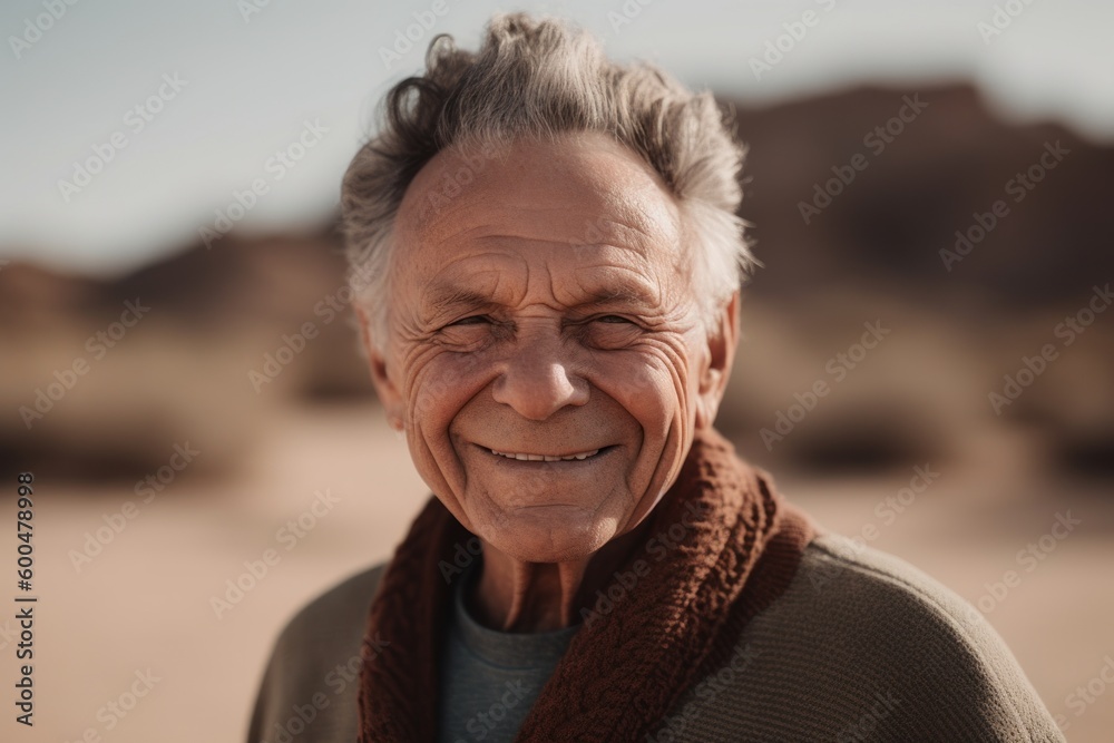 Portrait of smiling senior man with scarf looking at camera in desert Portrait of smiling senior man with scarf looking at camera in desert