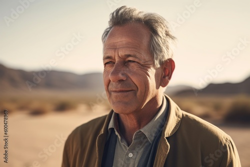 Portrait of a senior man in the middle of the desert.
