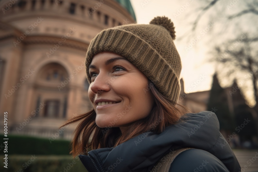 Portrait of a smiling young woman in a hat and coat in the city