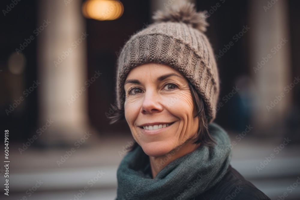 Portrait of smiling middle aged woman in winter hat and scarf outdoors Portrait of smiling middle aged woman in winter hat and scarf outdoors