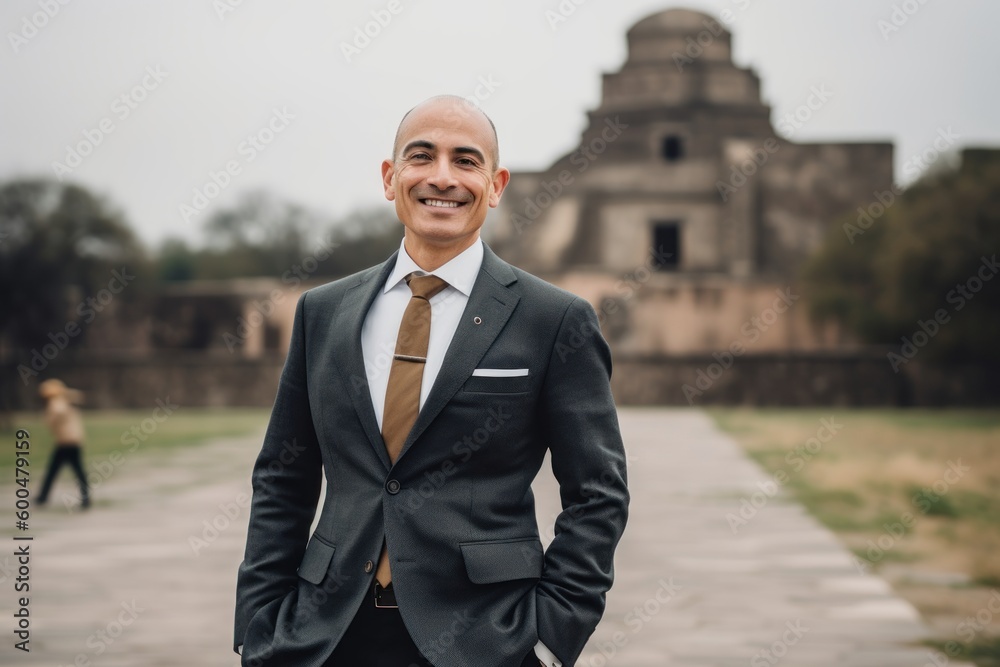 Full-length portrait photography of a grinning man in his 40s wearing a classic blazer against a historic monument or landmark background. Generative AI Full-length portrait photography of a grinning man in his 40s wearing a classic blazer against a historic monument or landmark background. Generative AI