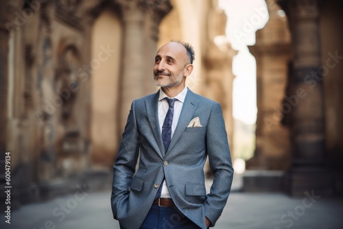 Full-length portrait photography of a grinning man in his 40s wearing a classic blazer against a historic monument or landmark background. Generative AI © Robert MEYNER