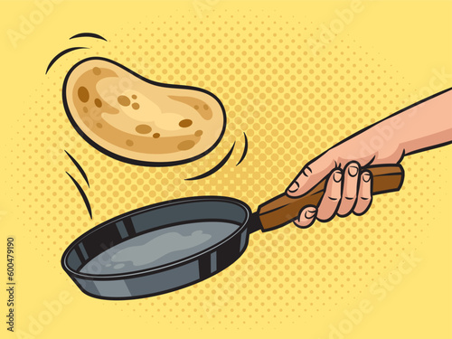 Turning a pancake in flight over a frying pan during frying pinup pop art retro vector illustration. Comic book style imitation.