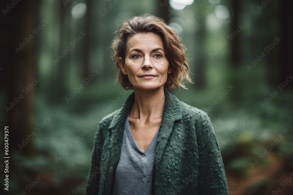 Portrait of mature woman in green coat standing in the forest. Portrait of mature woman in green coat standing in the forest.