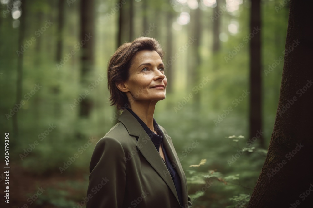 Portrait of a beautiful woman in a green jacket in the forest Portrait of a beautiful woman in a green jacket in the forest