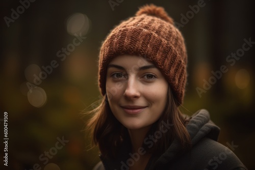 portrait of a beautiful young woman in a knitted hat and coat in the forest