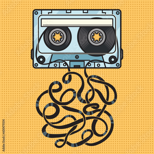 Cassette tape with tangled torn tape pinup pop art retro vector illustration. Comic book style imitation.