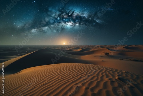 Tranquil desert with rolling sand dunes under a blue gradient starry night sky. Generative AI